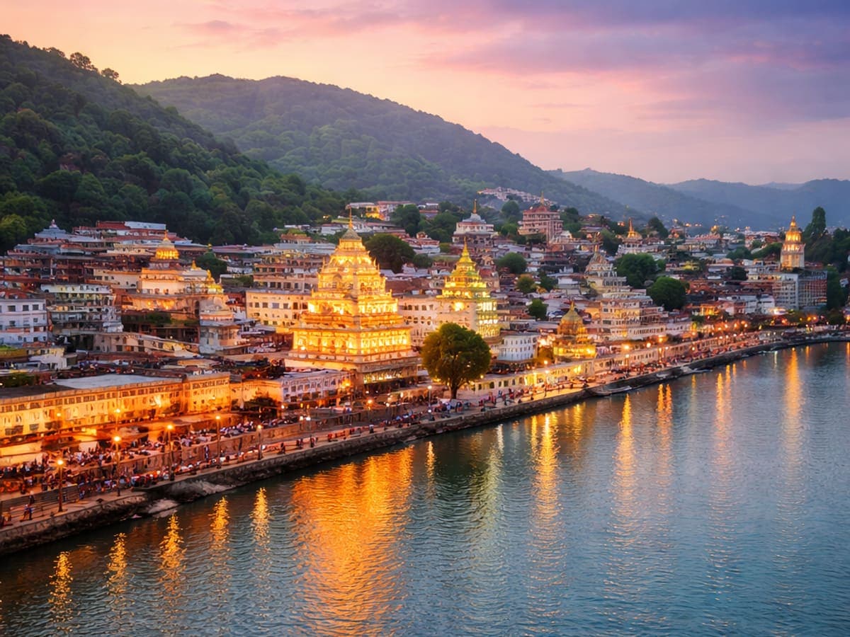 Temples on the Godavari riverbank in Nashik at dusk